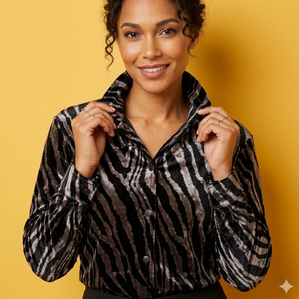 NWT Vintage 90s Sag Harbor Zebra Print Velvet Button Up Shirt Jacket sz 2X Brown